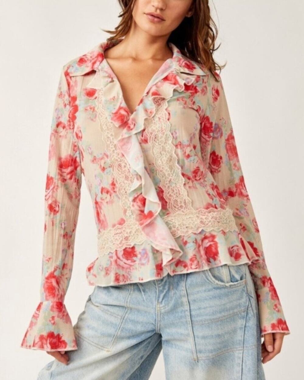 FREE PEOPLE Bad At Love Printed Blouse / Ivory Combo | Size L